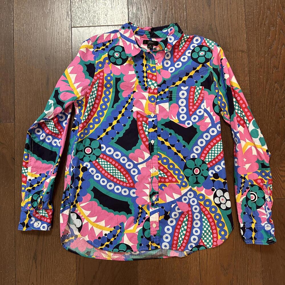 J Crew Kleidoscope Classic Boy Fit Shirt Women's Sz 8 Abstract Psychedelic